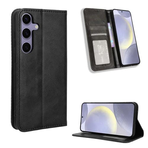 Funda de cuero con textura retro y hebilla magnética para Samsung Galaxy S25 FE 5G (negro)