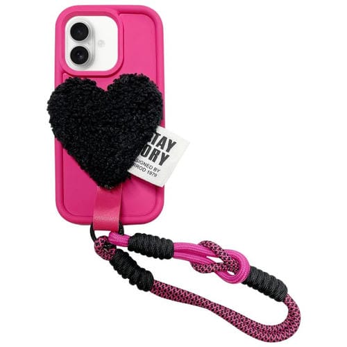 Funda para Teléfono iPhone 16 Plus Diseño Corazón de Peluche con Cordón (Rosa Rojo)