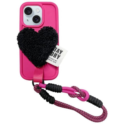 Funda para Teléfono iPhone 15 Plus Diseño Corazón de Peluche con Cordón (Rosa Rojo)