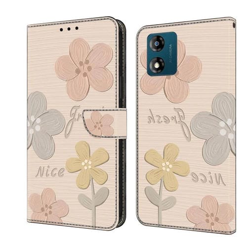 Funda de Cuero Pintada a Mano para Motorola Moto E13 (Flores Beige)