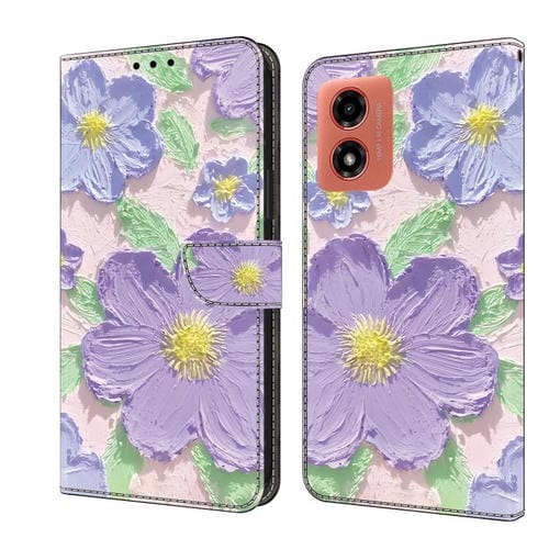 Funda de Cuero Pintada a Mano Motorola Moto E14 con Pintura al Óleo de Flores Moradas