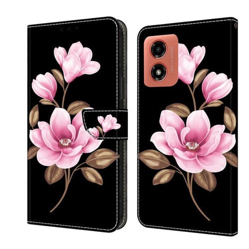 Funda de Cuero Pintada a Mano para Motorola Moto E14 (Flores Negras)