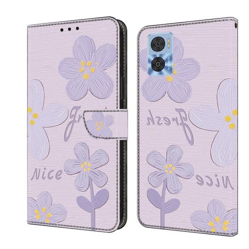 Funda de Cuero Pintada a Mano para Motorola Moto E22 con Flores (Morado Oscuro)