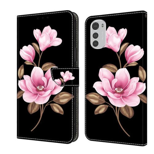 Funda de Cuero pintada a mano para Motorola Moto E32 (Flores Negras)