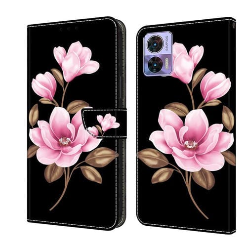 Funda de Cuero Pintada a Mano para Motorola Edge 30 Neo (Flores Negras)