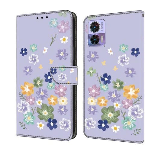 Funda de Cuero Pintada a Mano para Motorola Edge 30 Neo (Floral Morado)