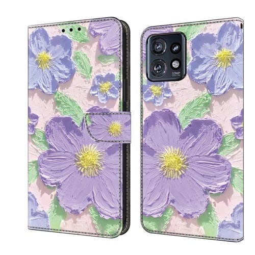 Funda de Cuero Pintada a Mano para Motorola Edge+ 2023 con Pintura al Óleo y Flores Moradas