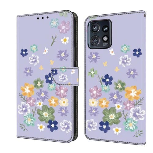 Funda de Cuero pintada a mano para Motorola Edge+ 2023 (Floral Morado)
