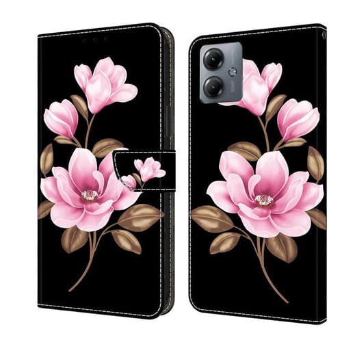 Funda de Cuero Pintada a Mano para Motorola Moto G14 (Flores Negras)