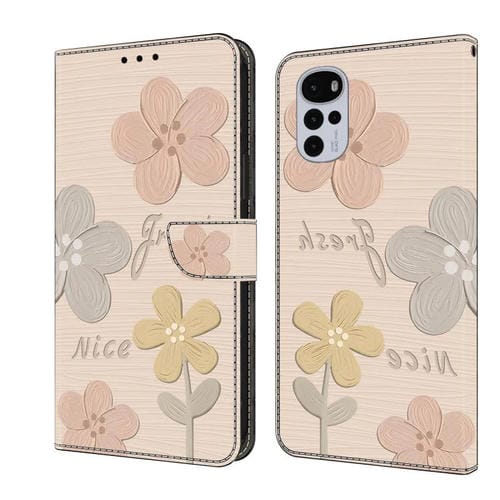 Funda de Cuero Pintada a Mano para Motorola Moto G22 (Flores Beige)