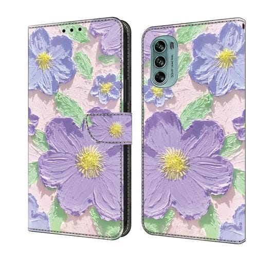 Funda de Cuero Pintada a Mano Motorola Moto G62 5G con Pintura al Óleo Flores Moradas
