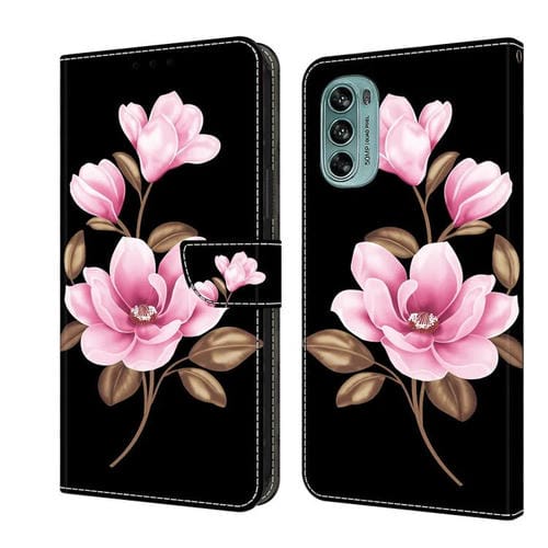 Funda de Cuero Pintada a Mano para Motorola Moto G62 5G (Flores Negras)