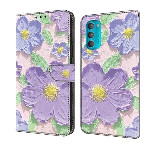 Funda de Cuero Pintada a Mano Motorola Moto G71 5G con Flores Moradas (Pintura al Óleo)