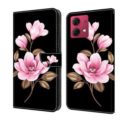 Funda de Cuero Pintada a Mano para Motorola Moto G84 (Flores Negras)