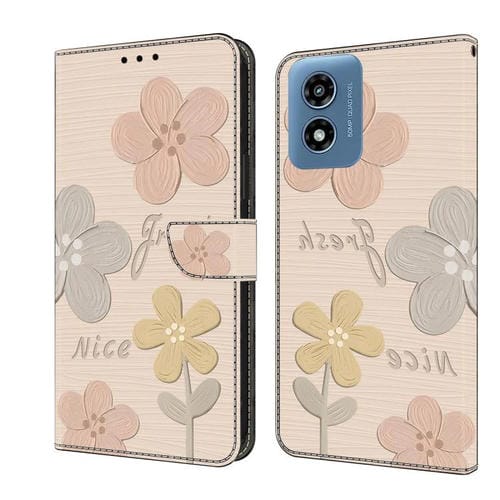 Funda de Piel Pintada a Mano Motorola Moto G Play (2024) Flores (Beige)