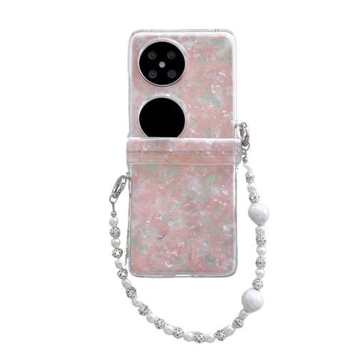 Funda para Teléfono Huawei P50 Pocket Textura Perlada en Tres Partes con Pulsera (Rosa y Verde)