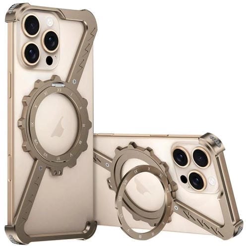 Funda para Teléfono con Soporte 360 Metal sin Marco en Forma de Z para iPhone 16 Pro Magsafe (Dorado del Desierto)