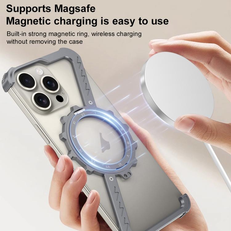 Funda para Teléfono con Soporte 360 Metal sin Marco en Forma de Z para iPhone 15 Pro Max Magsafe (Plata Espacial)