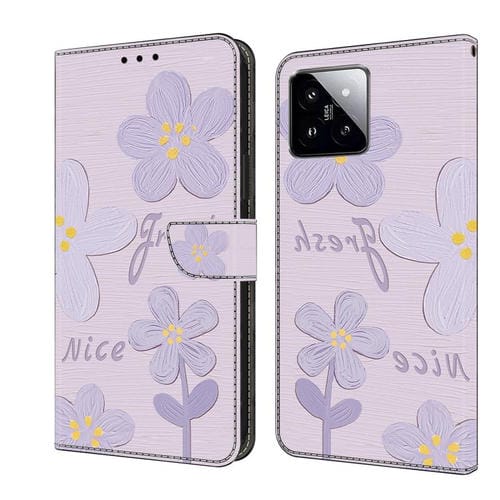 Funda de Cuero Pintada a Mano para Teléfono Xiaomi 14T Pro (Flores de Color Morado Oscuro)