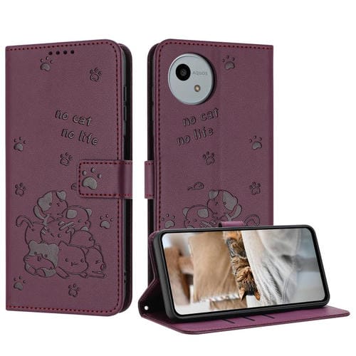 Funda de Cuero para Sharp Aquos Wish4 Sh-52E con Diseño de Gatito y Cordón (Rojo Vino)