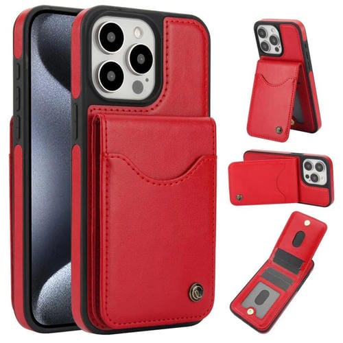 Funda para iPhone 15 Pro Awquer de Cuero con Tapa Vertical para Tarjetas y Soporte (Rojo)