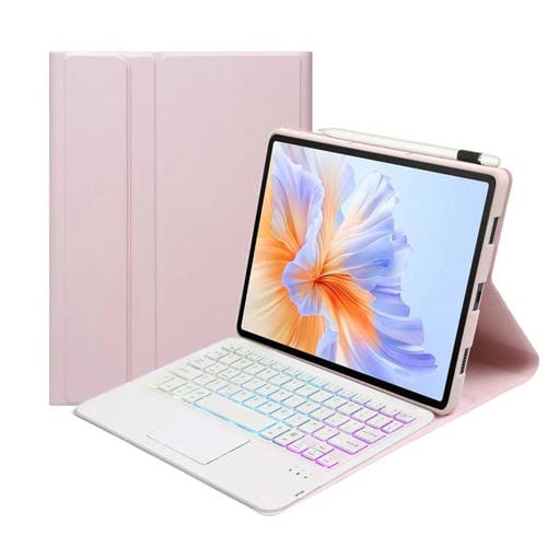 Funda de Cuero para Tablet Honor Pad V9 Ah27-As con Teclado Bluetooth Retroiluminado Desmontable (Rosa y Blanco)