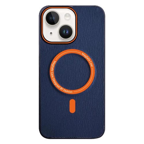 Funda para teléfono iPhone 14 textura madera imitación con color contraste (Azul Marino)