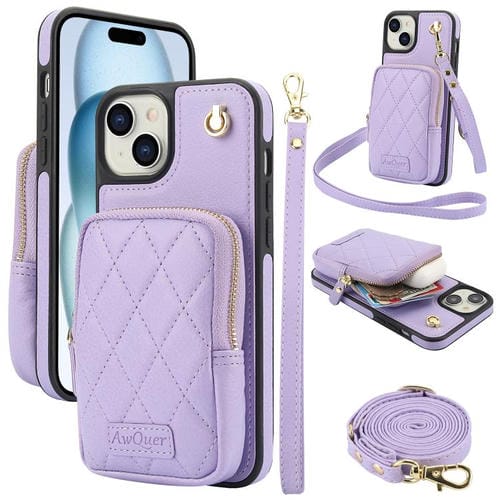 Funda para iPhone 15 Plus Awquer Crossbody Zipper Wallet Bag Litchi Leather Phone Case (Púrpura Claro)