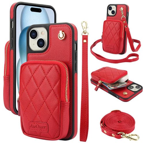 Funda para iPhone 15 Awquer con Cremallera Cruzada y Cartera de Piel de Lichi (Roja)