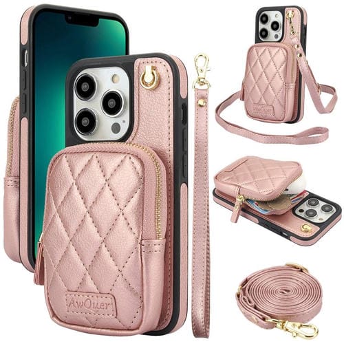 Funda para iPhone 13 Pro Max Awquer Cartera Cruzada con Cremallera Piel de Lichi (Oro Rosa)