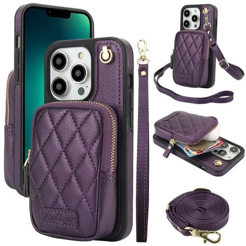 Funda para iPhone 13 Pro Max Awquer Crossbody Zipper Wallet Bag Litchi Leather (Morado Oscuro)