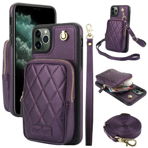 Funda para Teléfono Awquer iPhone 11 Pro Piel de Lichi Cremallera Cartera Cruzada (Morado Oscuro)
