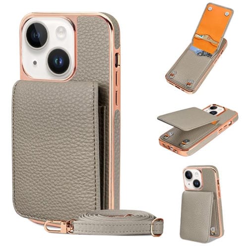 Funda de Teléfono Tipo Billetera Vietao Textura de Lichi Cordón de Pu para iPhone 14 Plus (Gris)