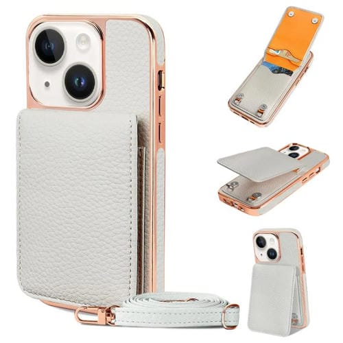 Funda de Teléfono Tipo Billetera Vietao Textura de Lichi Cordón de Pu para iPhone 15 (Blanca)