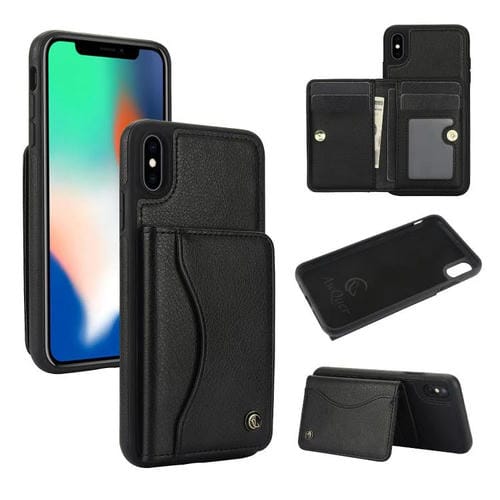 Funda para iPhone X/Xs Awquer Cuero con Tapa Horizontal y Tarjetero (Negro)