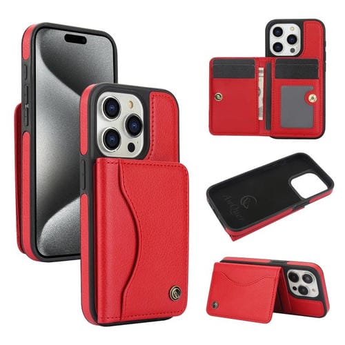 Funda de Cuero Awquer para iPhone 15 Pro con Tapa Horizontal para Tarjetas y Soporte (Rojo)