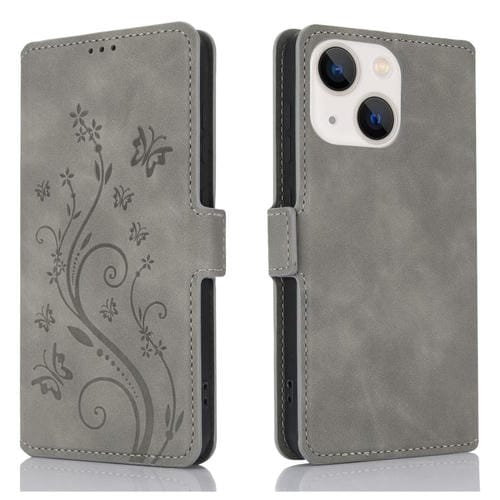 Funda de Cuero iPhone 14 Plus con Relieve Mariposa y Flor de Amor (Gris)