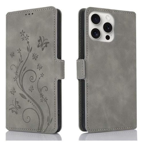 Funda de Cuero iPhone 13 Pro Relieve Mariposa y Flor Amor Ensueño (Gris)