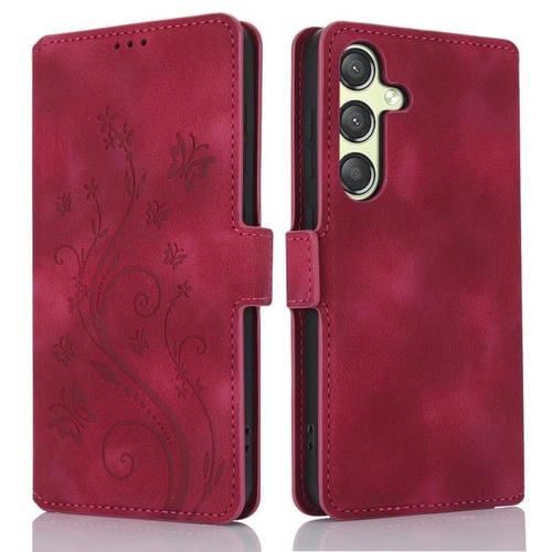 Funda de Cuero Samsung Galaxy A25 5G Global Dreamy Relieve Mariposa y Flor (Rojo)