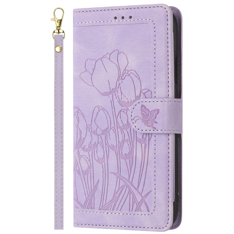 Funda de Cuero con Relieve de Tulipanes para Sharp Aquos Sense9 con Cordón (Morado)