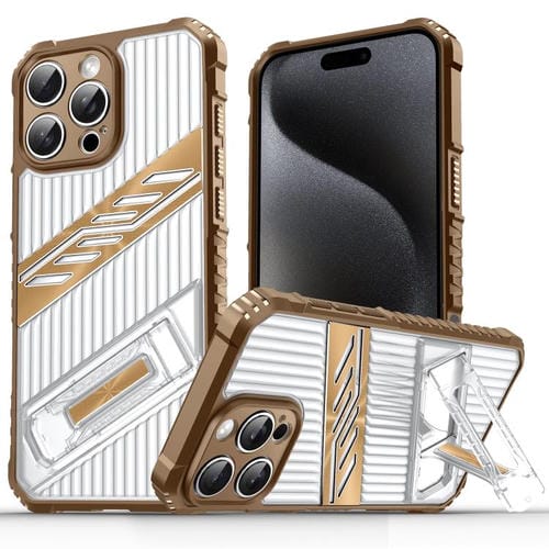 Funda híbrida TPU PC con soporte chapado para iPhone 15 Pro (Dorado del Desierto)