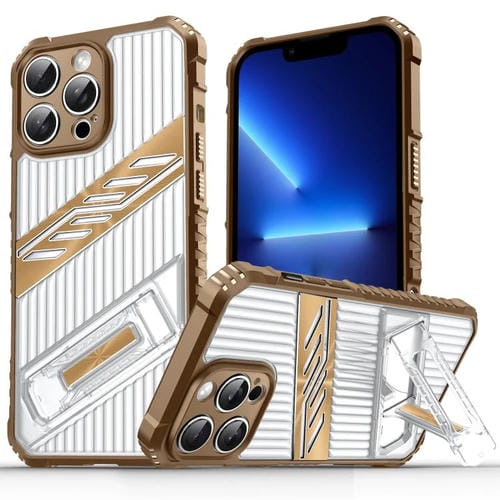 Funda híbrida TPU iPhone 13 Pro con soporte chapado para PC (Dorado del Desierto)