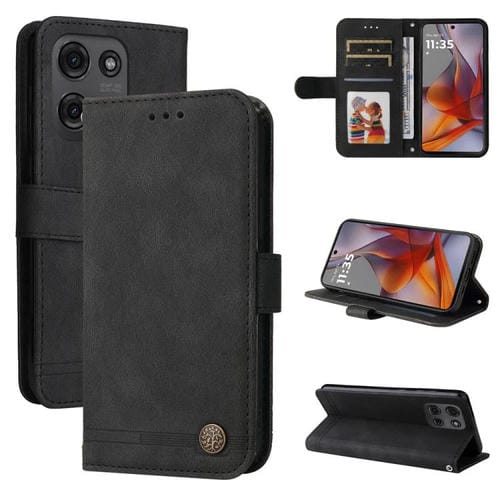 Funda de Cuero para Motorola Moto G75 5G con Botones de Metal y Diseño Árbol de la Vida (Negro)