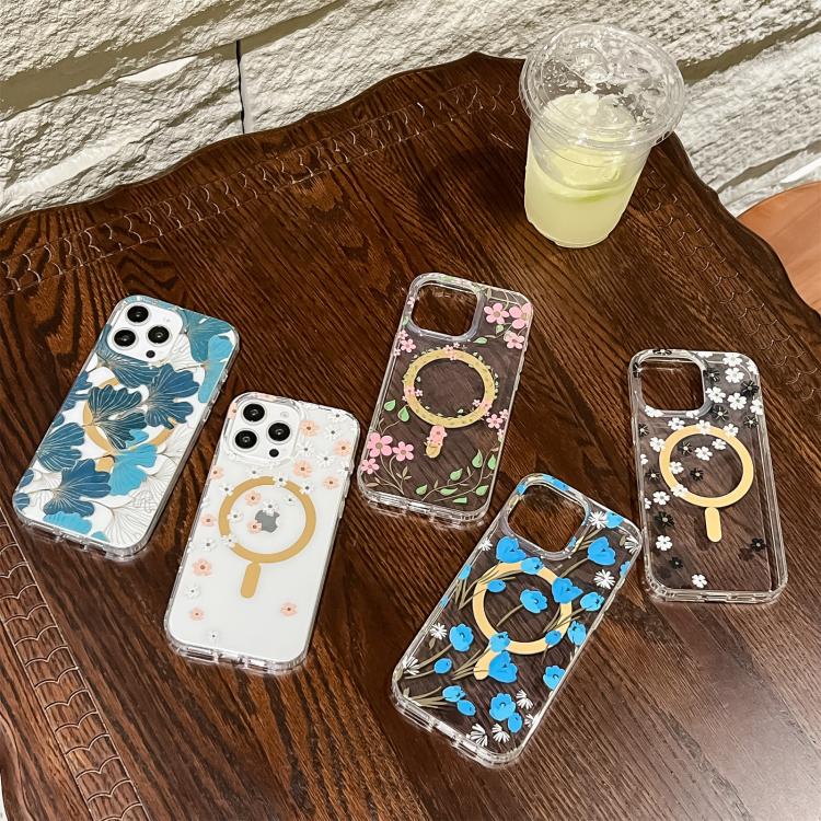 Funda para Teléfono iPhone 14 Laminado Doble Cara Imd Magsafe (Flores Azules)
