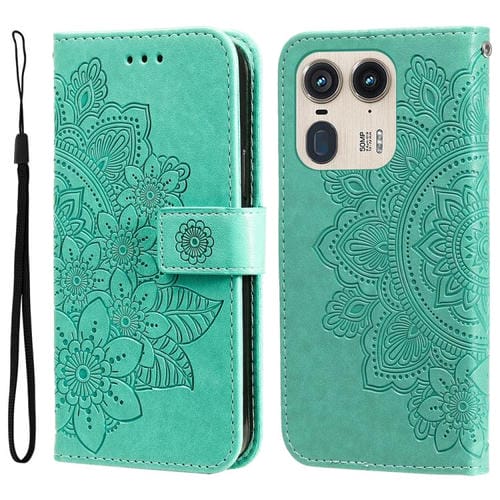 Funda de Cuero con Relieve Flores de Siete Pétalos para Motorola Edge 50 Ultra / X50 Ultra (Verde)