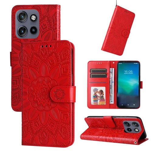 Funda de Cuero con Estampado de Girasoles en Relieve para Motorola Edge 50 Neo/Thinkphone 25 (Rojo)