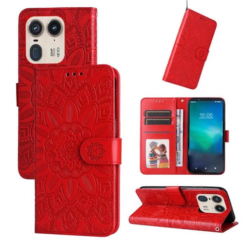 Funda de Piel con Relieve de Girasol para Motorola Edge 50 Ultra/X50 Ultra (Roja)