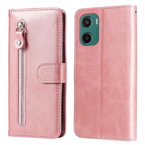 Funda de Piel con Cremallera y Textura de Becerro para Motorola Moto G05/E15 (Oro Rosa)