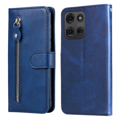 Funda de Piel con Textura de Becerro y Cremallera para Motorola Moto G75 5G (Azul)