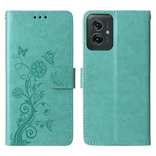 Funda de Cuero para Motorola Moto G55 con Diseño de Mariposas y Flores en Relieve (Verde)